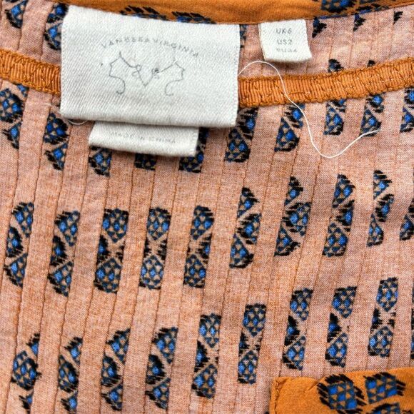 Anthropologie Vanessa Virginia Orange Floral Pleated Long Sleeve Blouse Size 2 - Picture 5 of 6